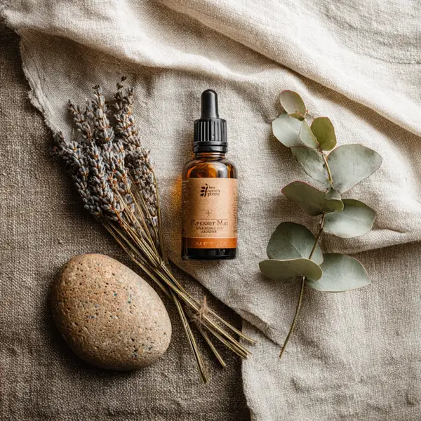 Essential oil bottle with dried lavender, eucalyptus, and river stone on warm linen